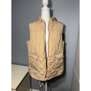 Crown & Ivy Quilted Vest Women Beige Plaid Lined Zip Pockets Full Zip  XL